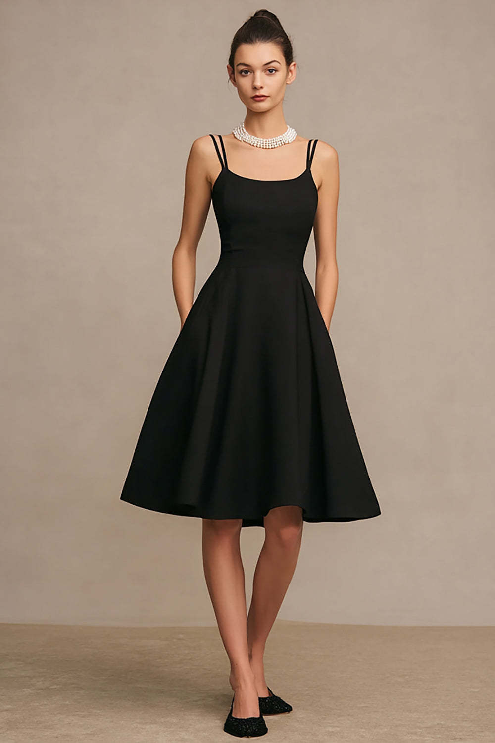 Leely Women Simple Satin Midi Cocktail Dress A Line Spaghetti Straps Sleeveless Little Black Dress