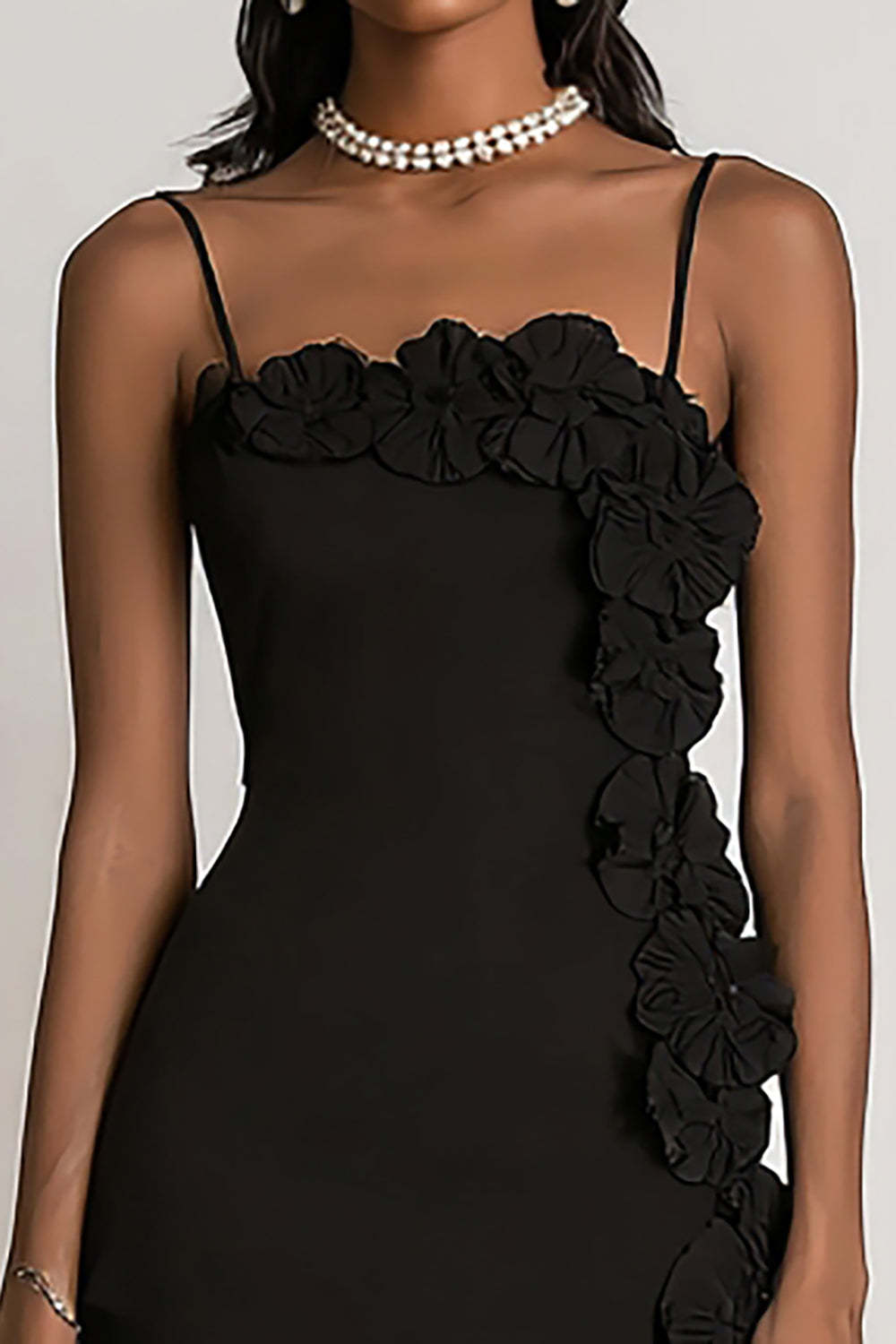 Black Bodycon 3D Flowers Spaghetti Straps Mini Cocktail Dress