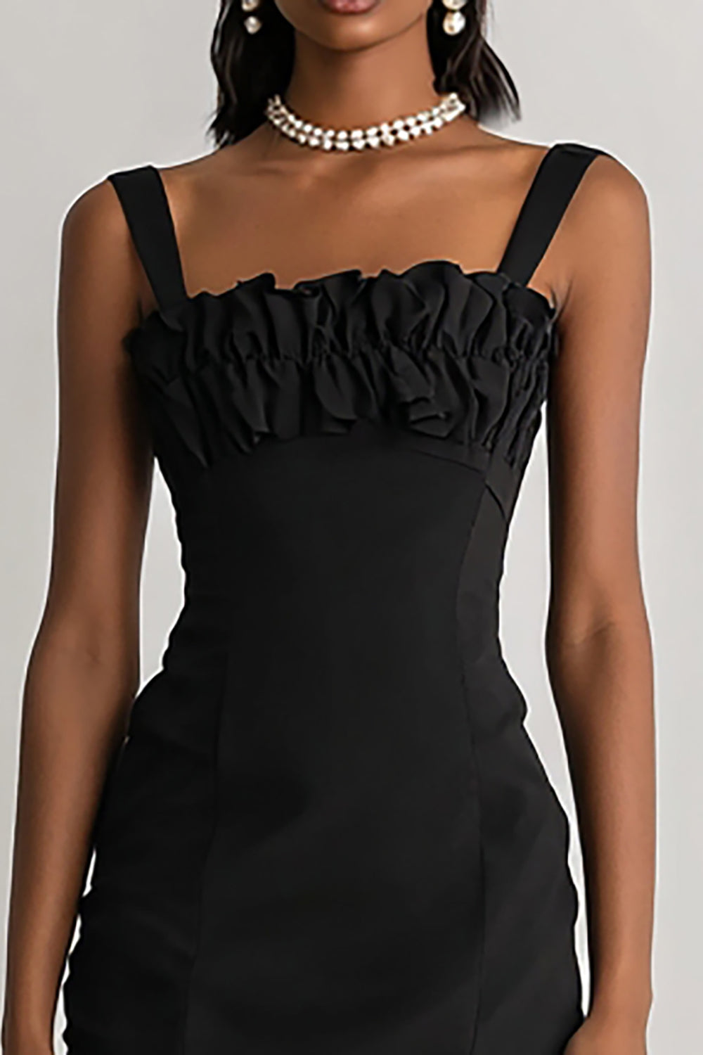 Black Bodycon Square Neck Mini Cocktail Dress with Ruffles