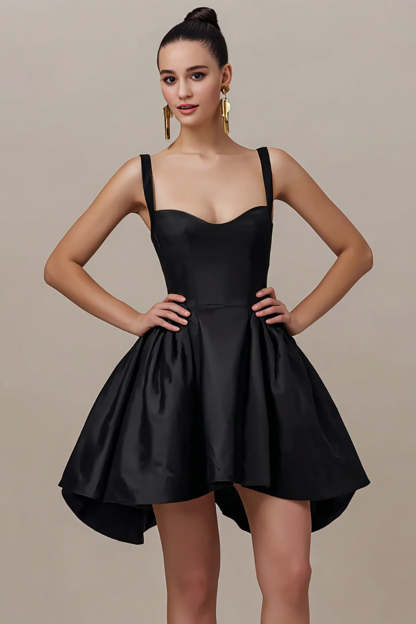 Leely Women Simple Satin Mini Cocktail Dress A Line Spaghetti Straps Sleeveless Little Black Dress