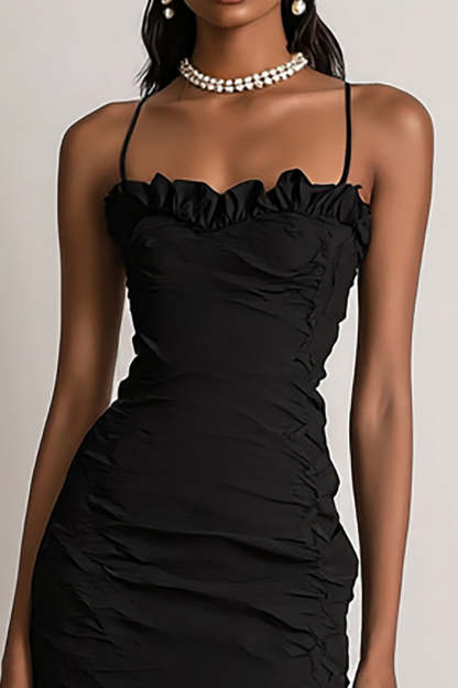 Black Bodycon Spaghetti Straps Sleeveless Mini Cocktail Dress with Ruffles