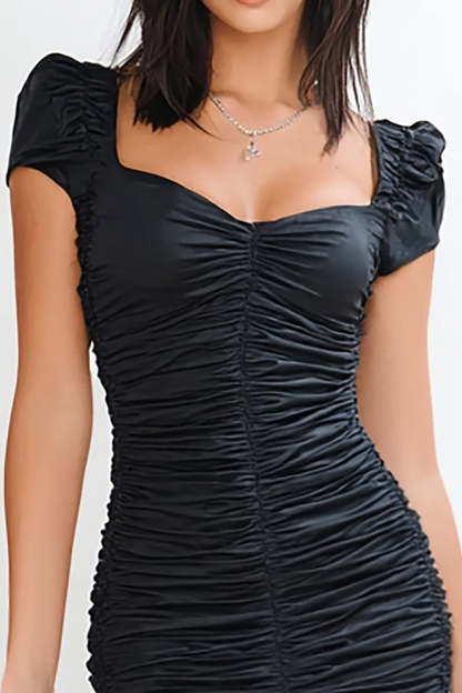 Mini Black Bodycon Ruched Square Neck Cocktail Dress with Sleeves