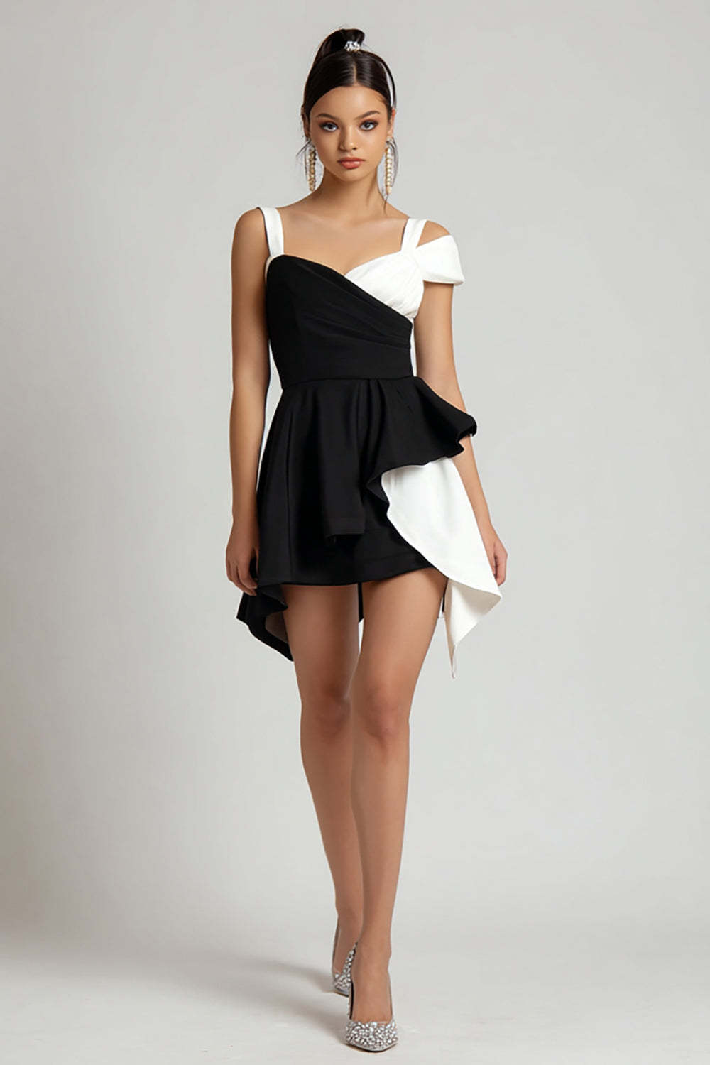 Leely Women Black and White Patchwork Short Cocktail Dress with Ruffles Short Party Dress