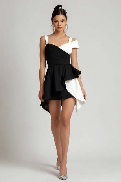 Leely Women Black and White Patchwork Short Cocktail Dress with Ruffles Short Party Dress
