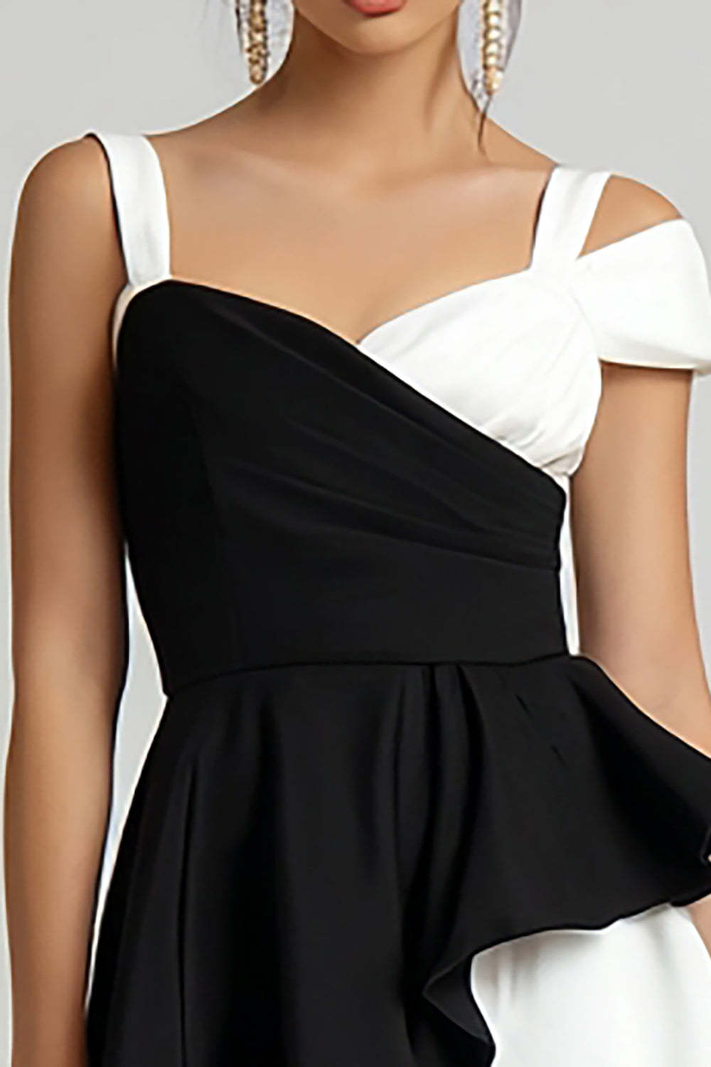 Short A Line Black and White Patchwork Cocktail Dress with Ruffles