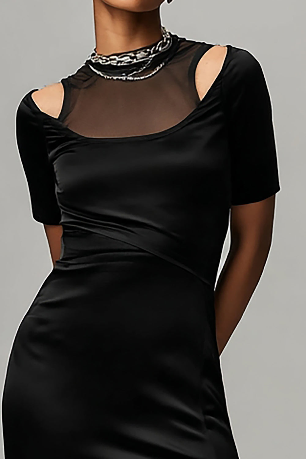 Black Satin Illusion Neck Sheath Asymmetrical Cocktail Dress with Sleeves