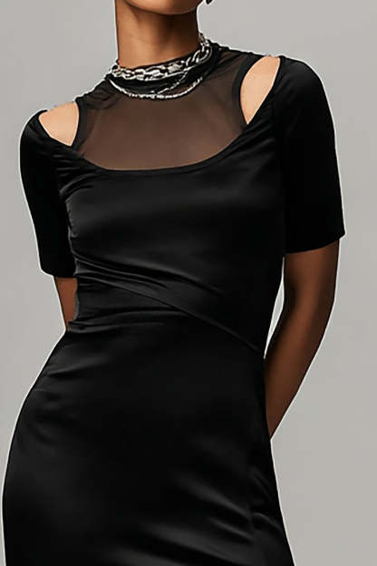Black Satin Illusion Neck Sheath Asymmetrical Cocktail Dress with Sleeves