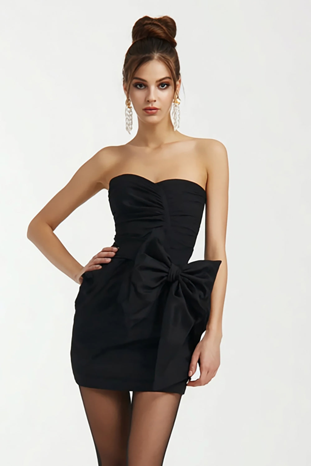 Leely Women Cute Mini Bodycon Cocktail Dress with Bow Sweetheart Strapless Little Black Dress