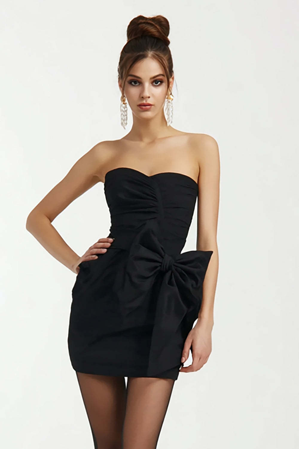 Leely Women Cute Mini Bodycon Cocktail Dress with Bow Sweetheart Strapless Little Black Dress