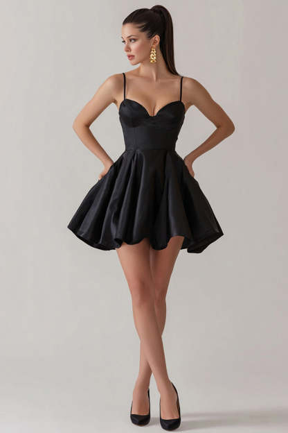 Leely Women Satin Cocktail Dress with Ruffles A Line Spaghetti Straps Cute Little Black Dress