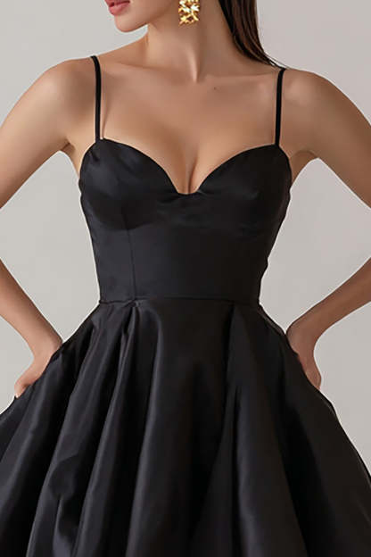 Black Satin A Line Spaghetti Straps Short Cute Cocktail Dress