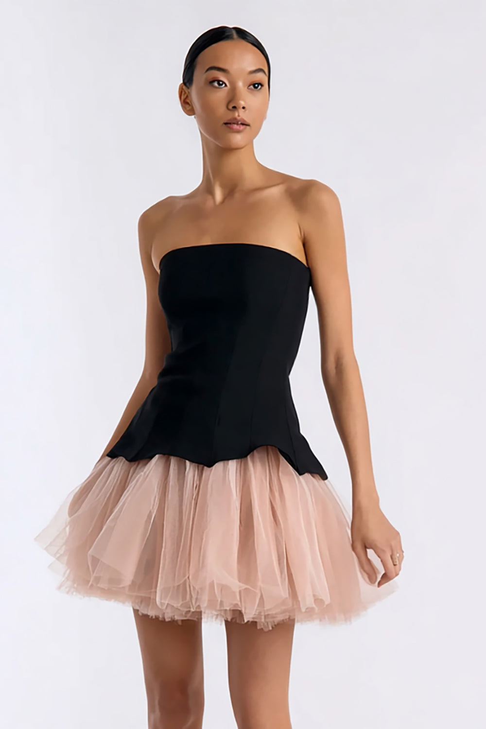 Short Black and Pink A Line Tulle Strapless Cocktail Dress