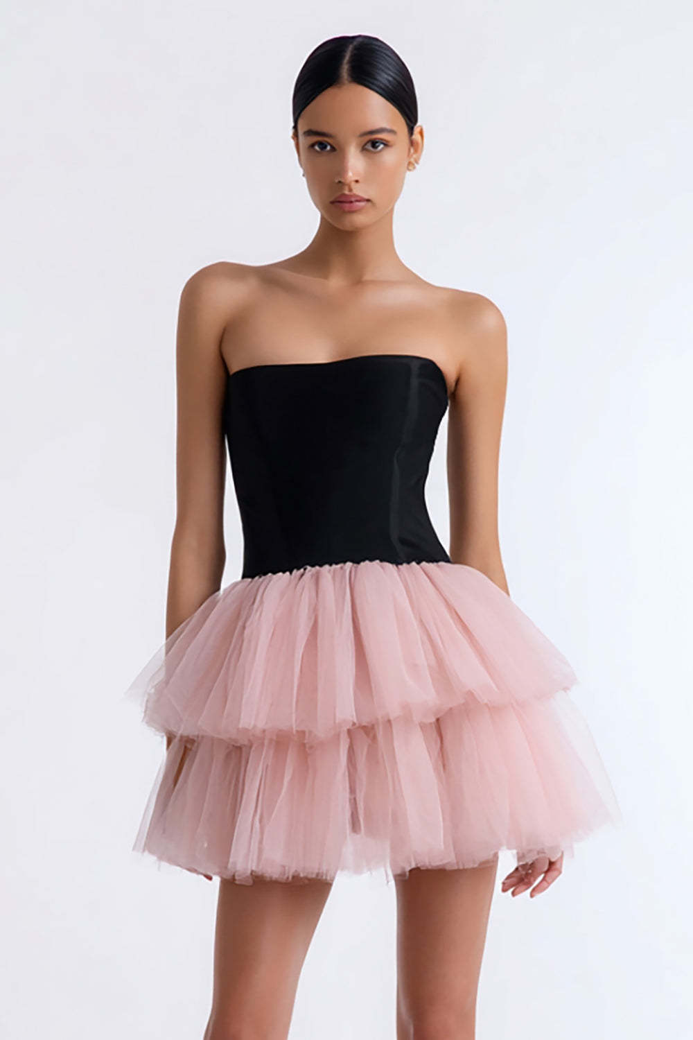 Leely Women Black and Pink Short Tulle Cocktail Dress A Line Tiered Strapless Little Black Dress