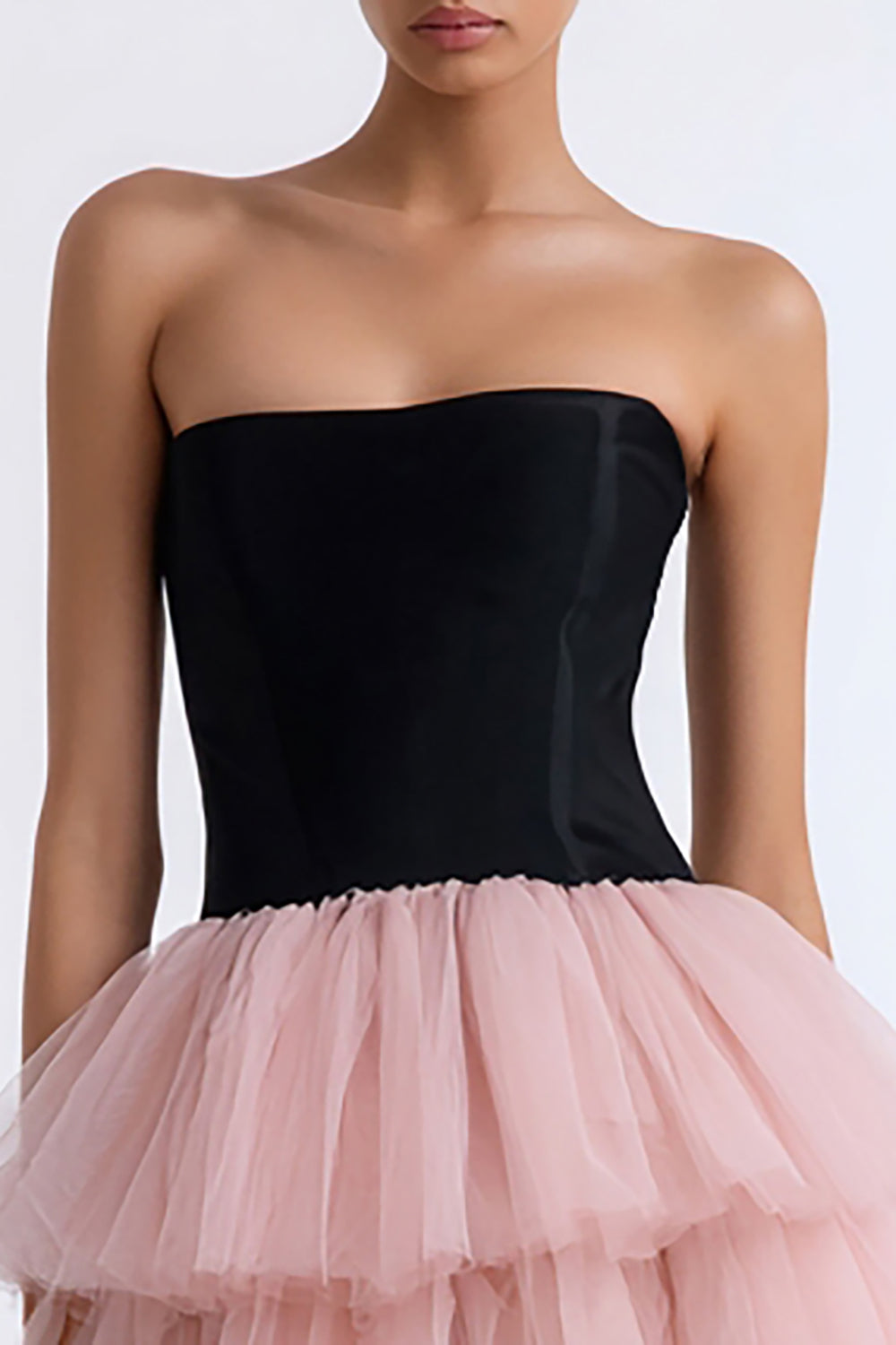 A Line Black and Pink Strapless Tiered Tulle Short Cocktail Dress