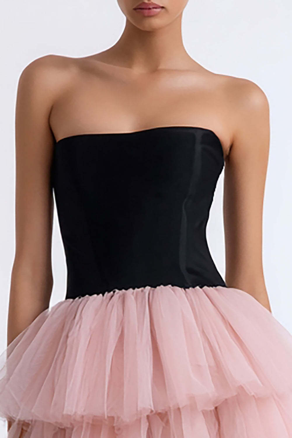 A Line Black and Pink Strapless Tiered Tulle Short Cocktail Dress