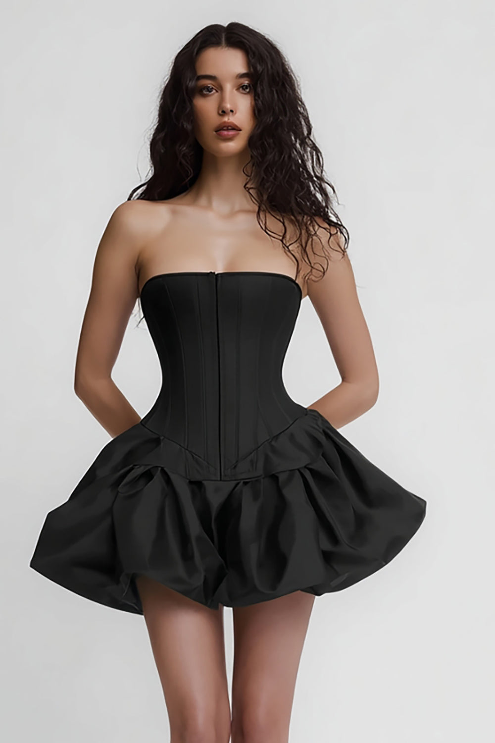 Leely Women Simple Short Satin Corset Little Black Dress A Line Strapless Cocktail Dress