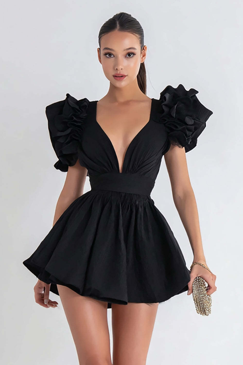 Leely Women Cute A Line Little Black Dress with Ruffles V Neck Cocktail Dress