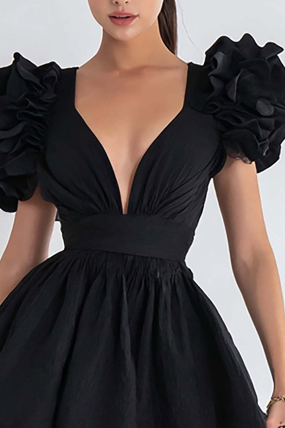 Cute Black V Neck A Line Short Cocktail Dress with Ruffles