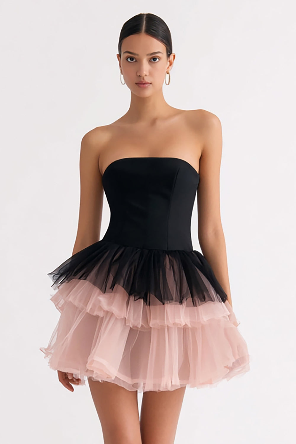 Short Black and Pink Tiered Tulle A Line Strapless Cocktail Dress