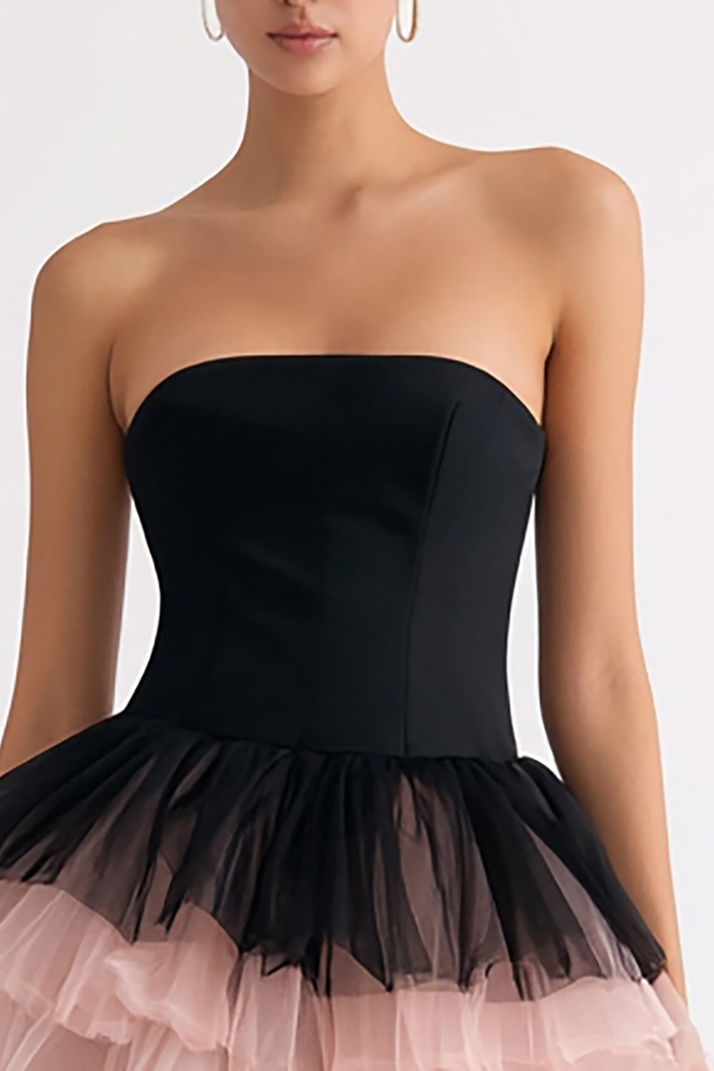 Short Black and Pink Tiered Tulle A Line Strapless Cocktail Dress