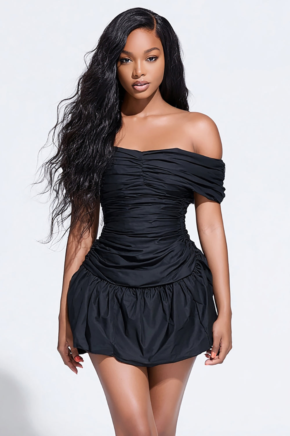 Ruched Off the Shoulder Tight Little Black Dress