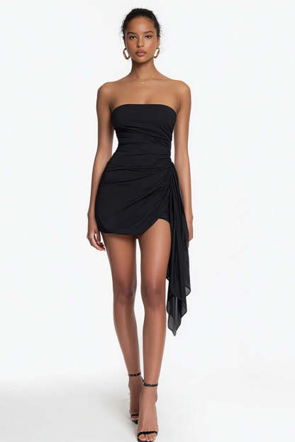 Leely Women Simple Bodycon Little Black Dress Ruched Strapless Cocktail Dress with Ruffles