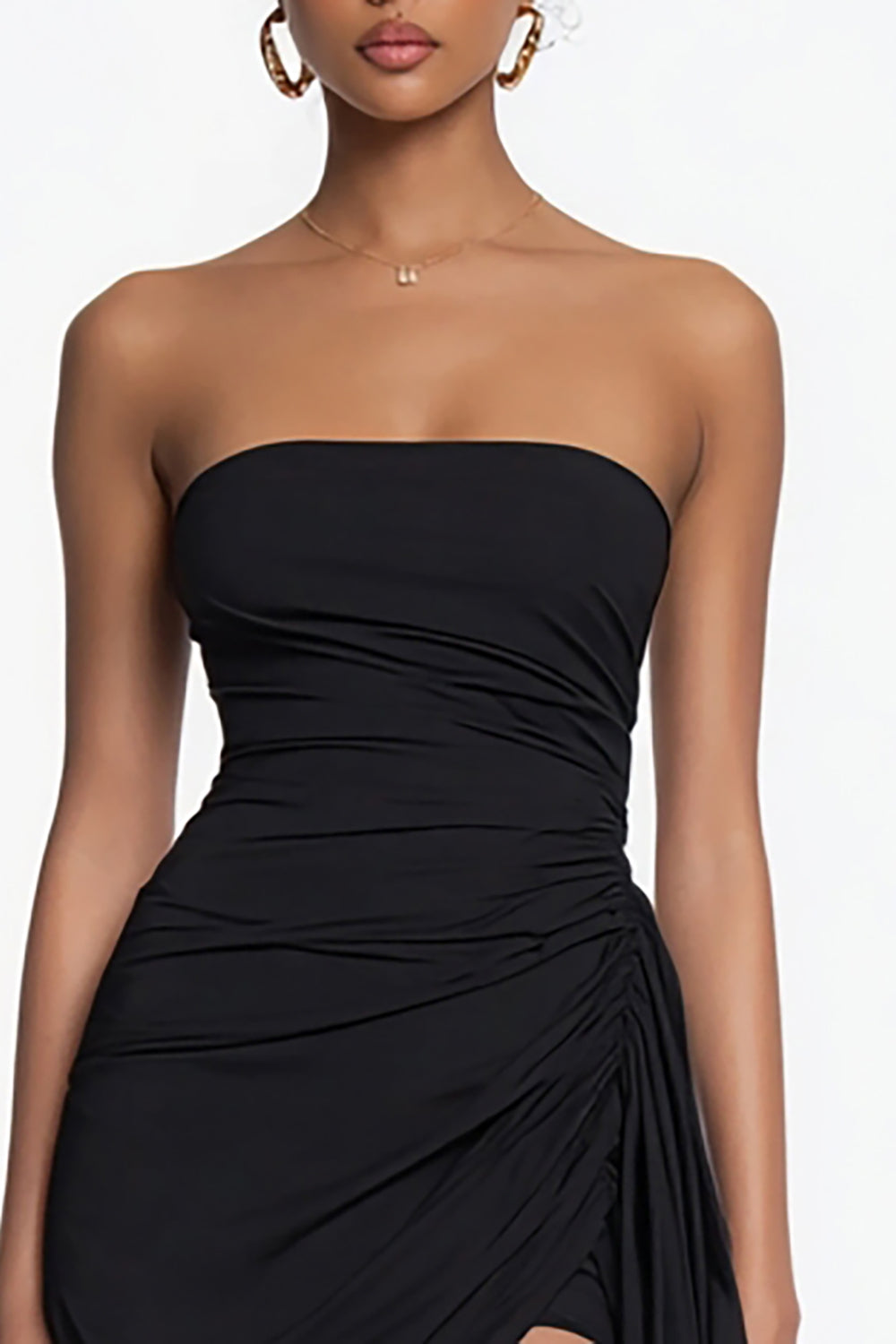 Simple Bodycon Strapless Ruched Little Black Dress with Ruffles