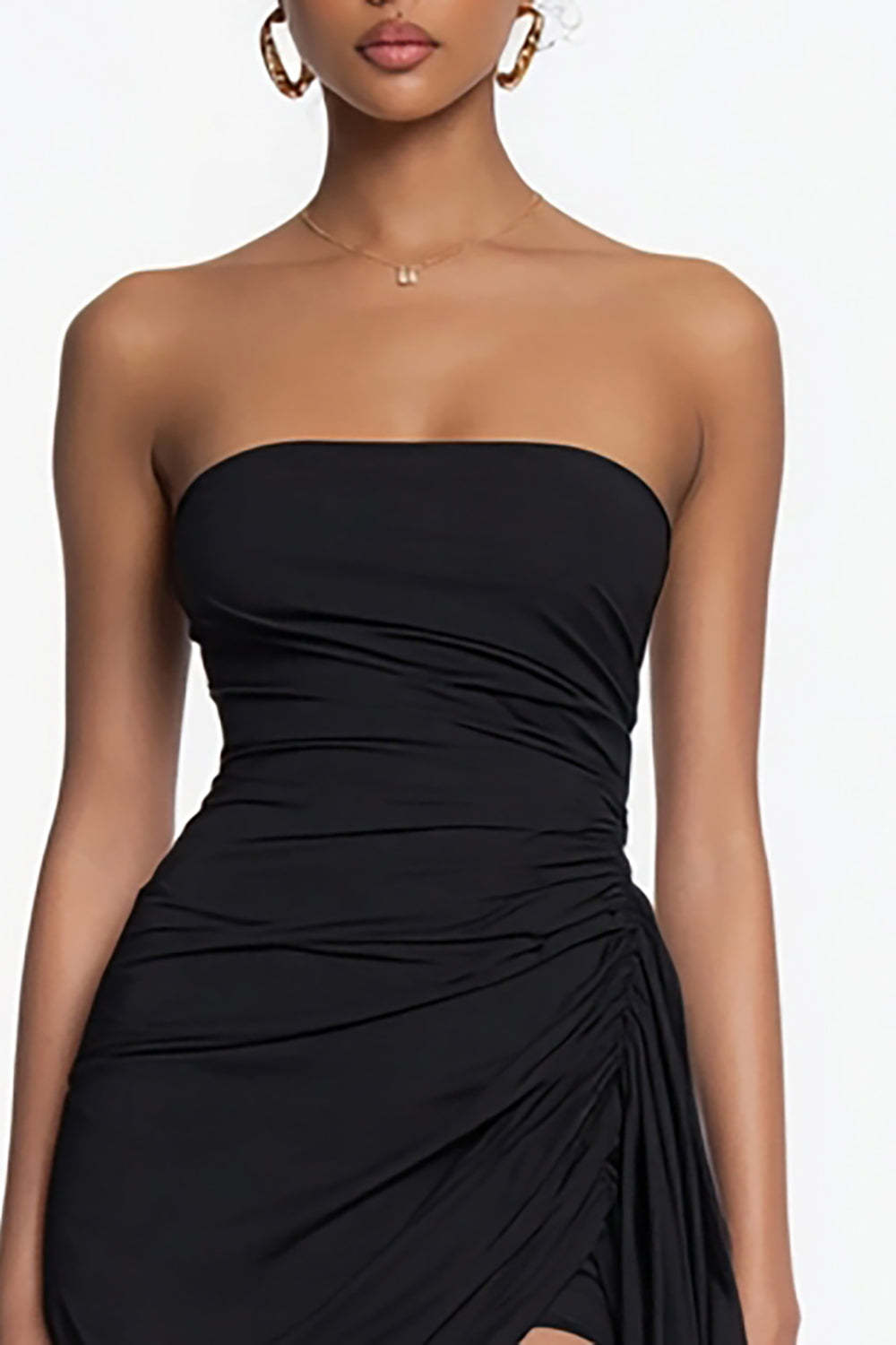 Simple Bodycon Strapless Ruched Little Black Dress with Ruffles