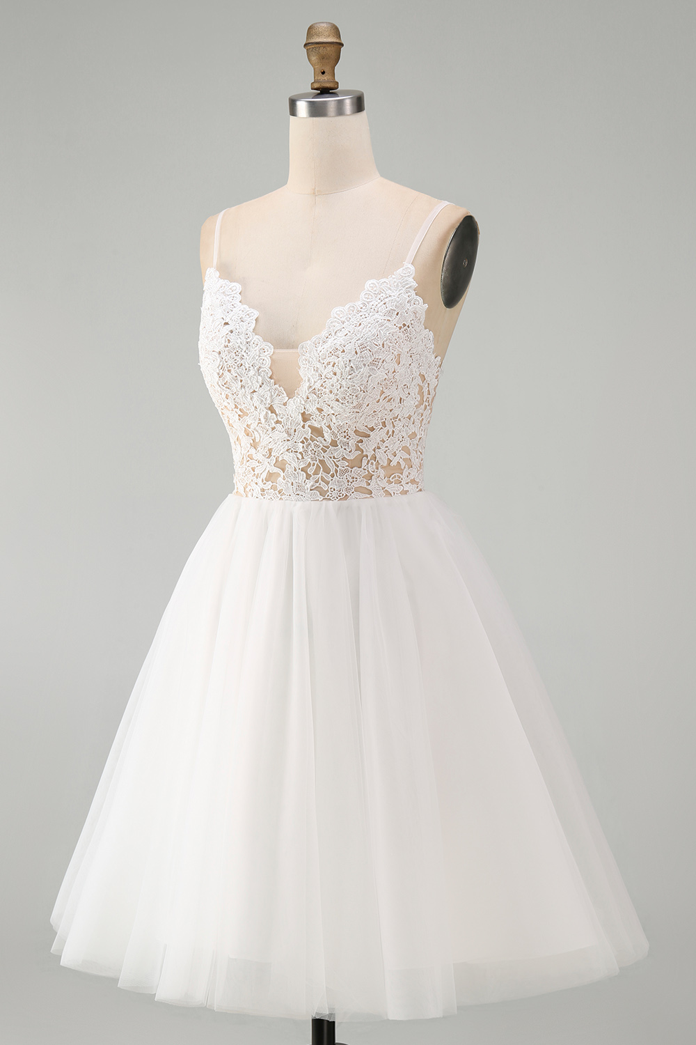 White Spaghetti Straps A Line Short Wedding Dress with Lace