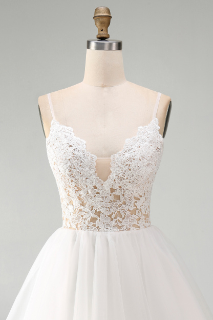 White Spaghetti Straps A Line Short Wedding Dress with Lace