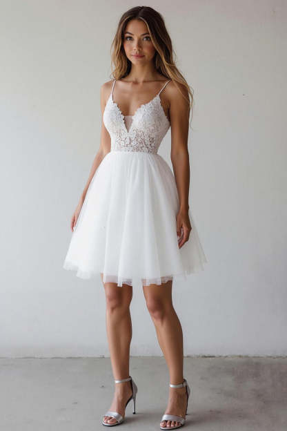 Leely Women White Short Tulle Wedding Dress with Lace A Line Spaghetti Straps Engagement Dress