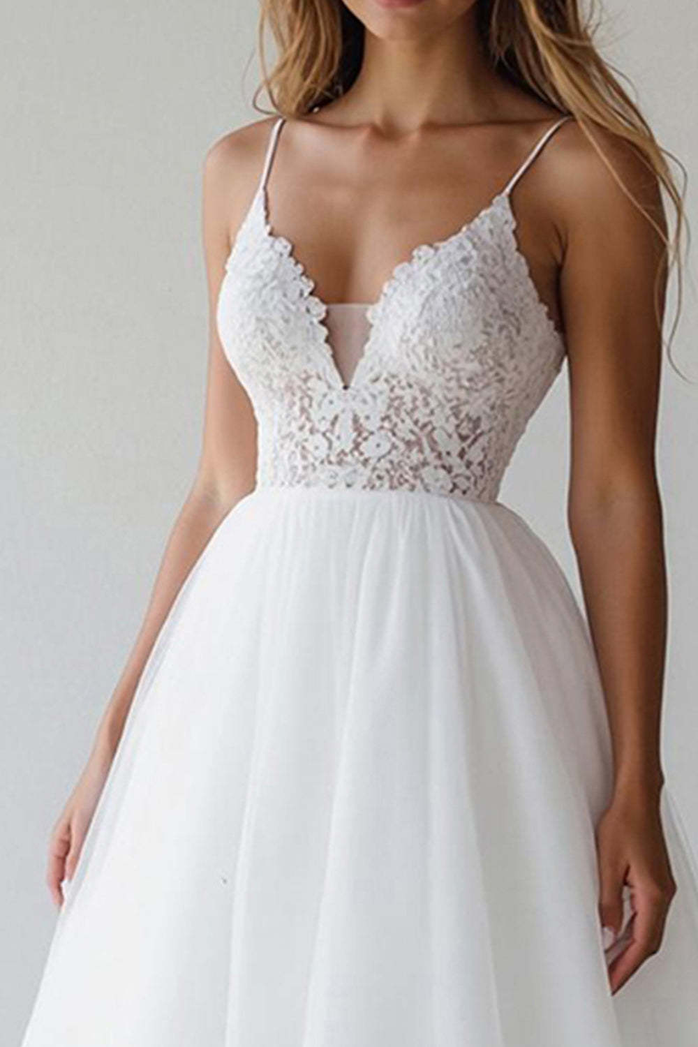 White Spaghetti Straps A Line Short Wedding Dress with Lace