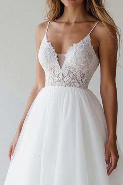 White Spaghetti Straps A Line Short Wedding Dress with Lace