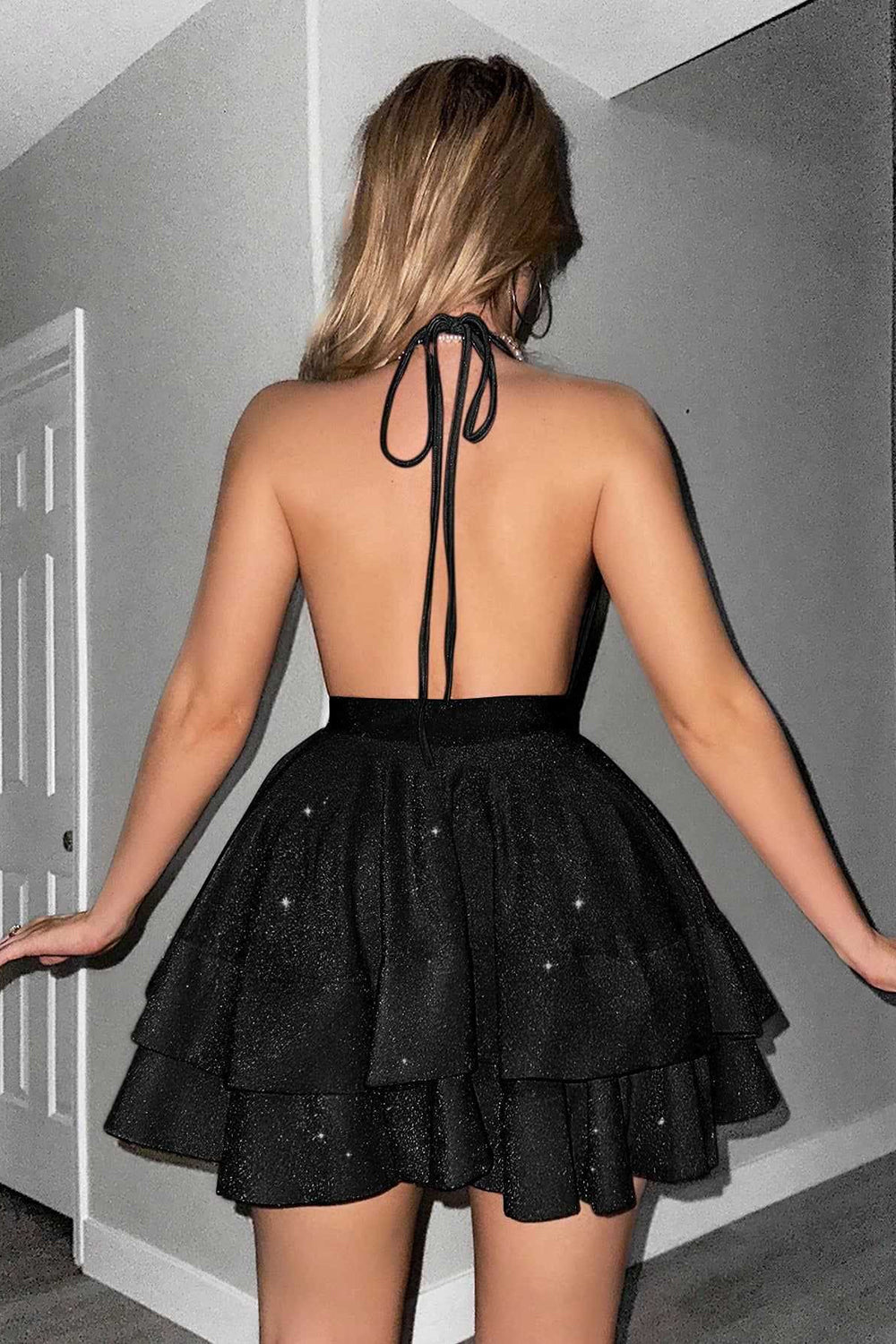 Glitter Black Halter Tiered A Line Backless Short Homecoming Dress