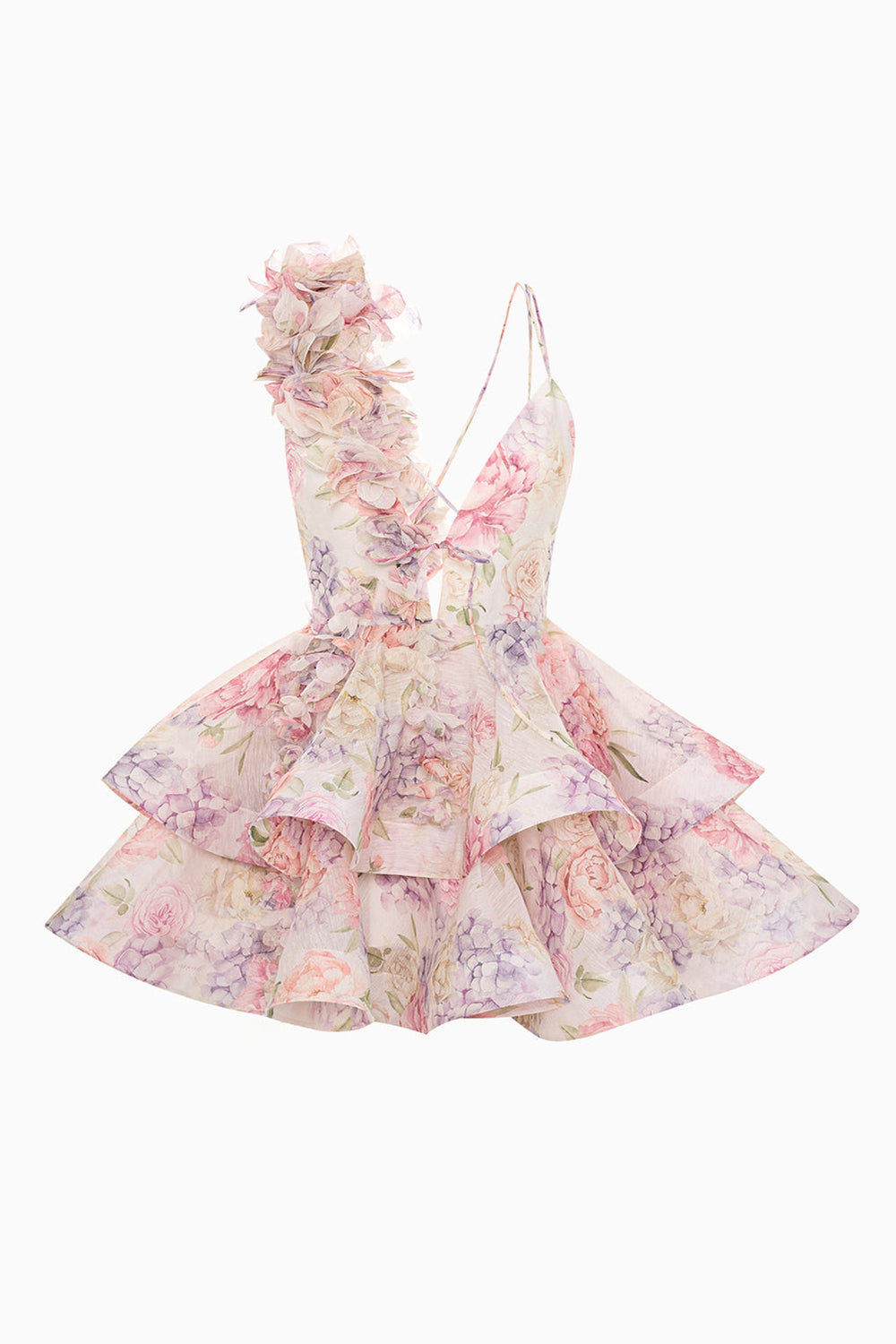 Leely Women Cute Pink Floral Short Party Dress with Ruffles Tiered A Line One Shoulder Criss Crossed Back Cocktail Dress