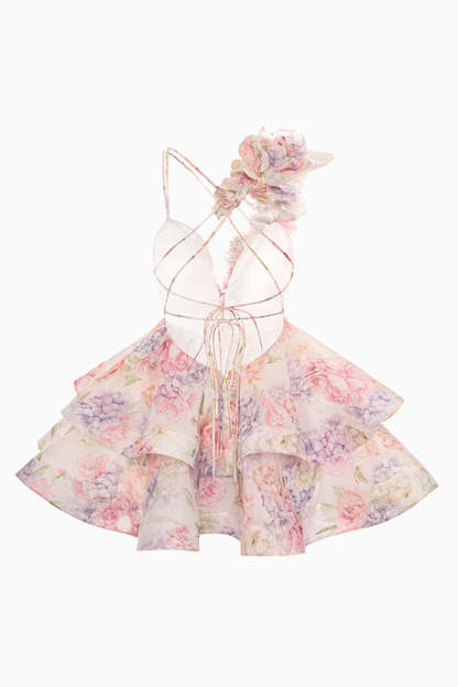 Cute Pink Floral Tiered A Line Short Homecoming Dress with Ruffles