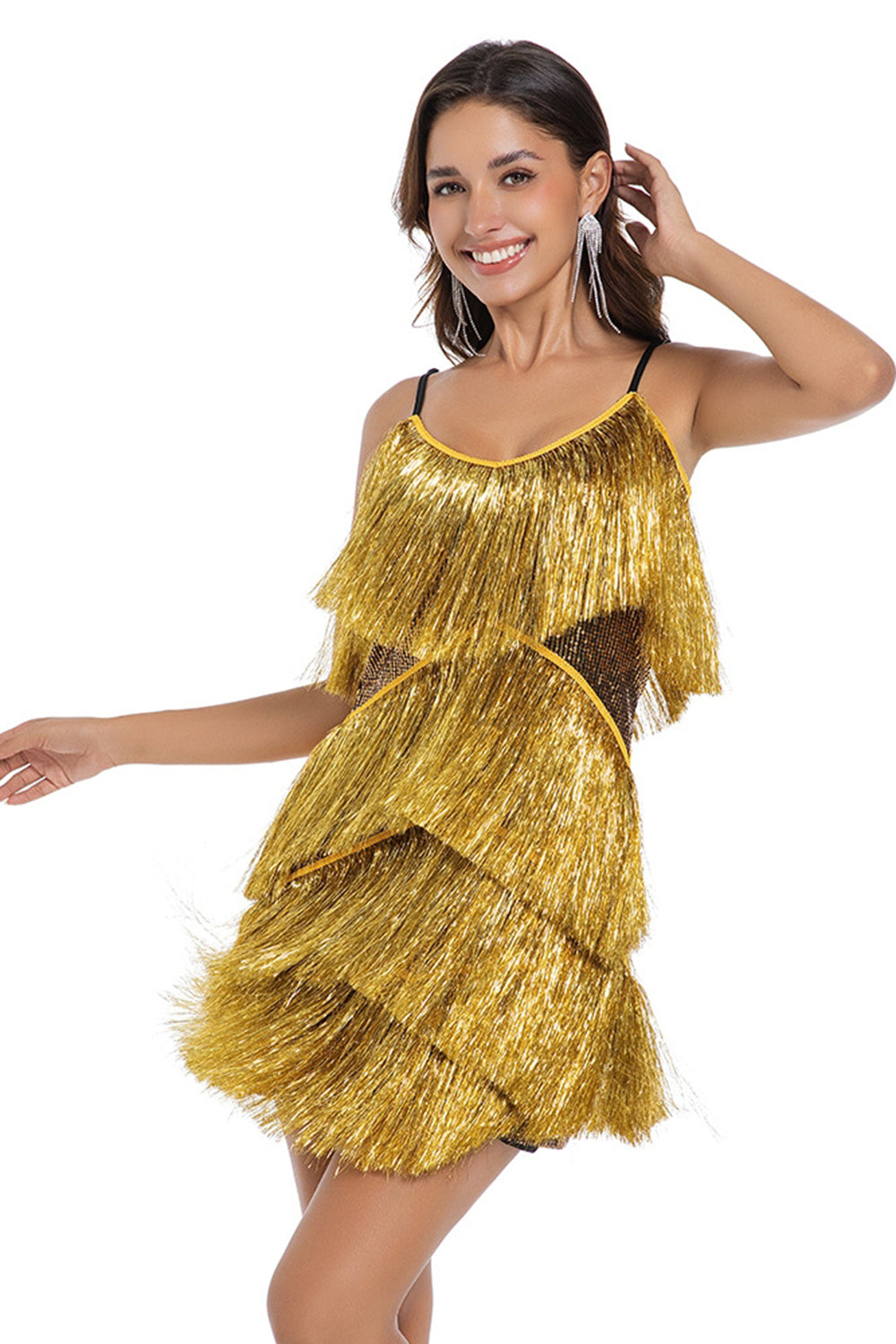Sparkly Golden Tight Tiered Short Homecoming Dress with Fringes