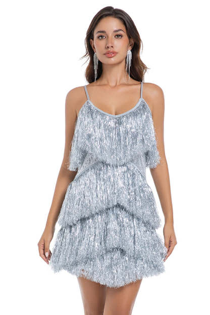 Leely Women Sparkly Golden Short Party Dress with Fringes Bodycon Tiered Spaghetti Straps Birthday Dress