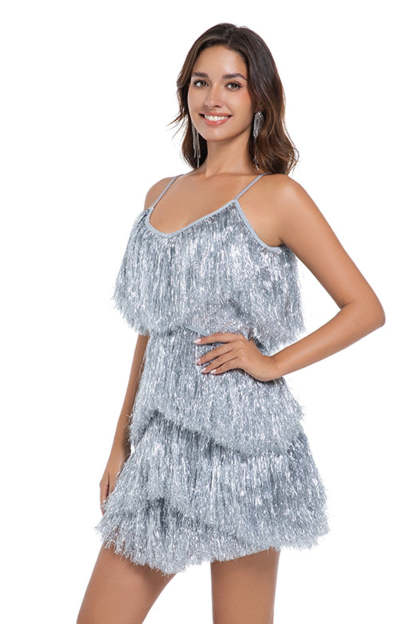 Sparkly Golden Tight Tiered Short Homecoming Dress with Fringes