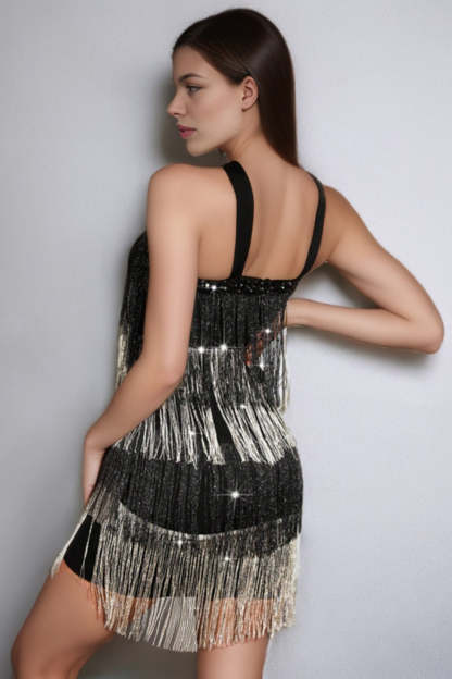 Sparkly Black and Silver Bodycon Tiered Short Homecoming Dress with Fringes