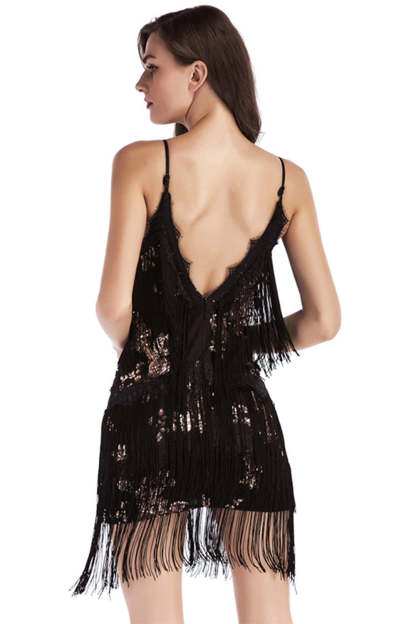 Sparkly Black V Neck Tiered Short Tight Homecoming Dress with Fringes