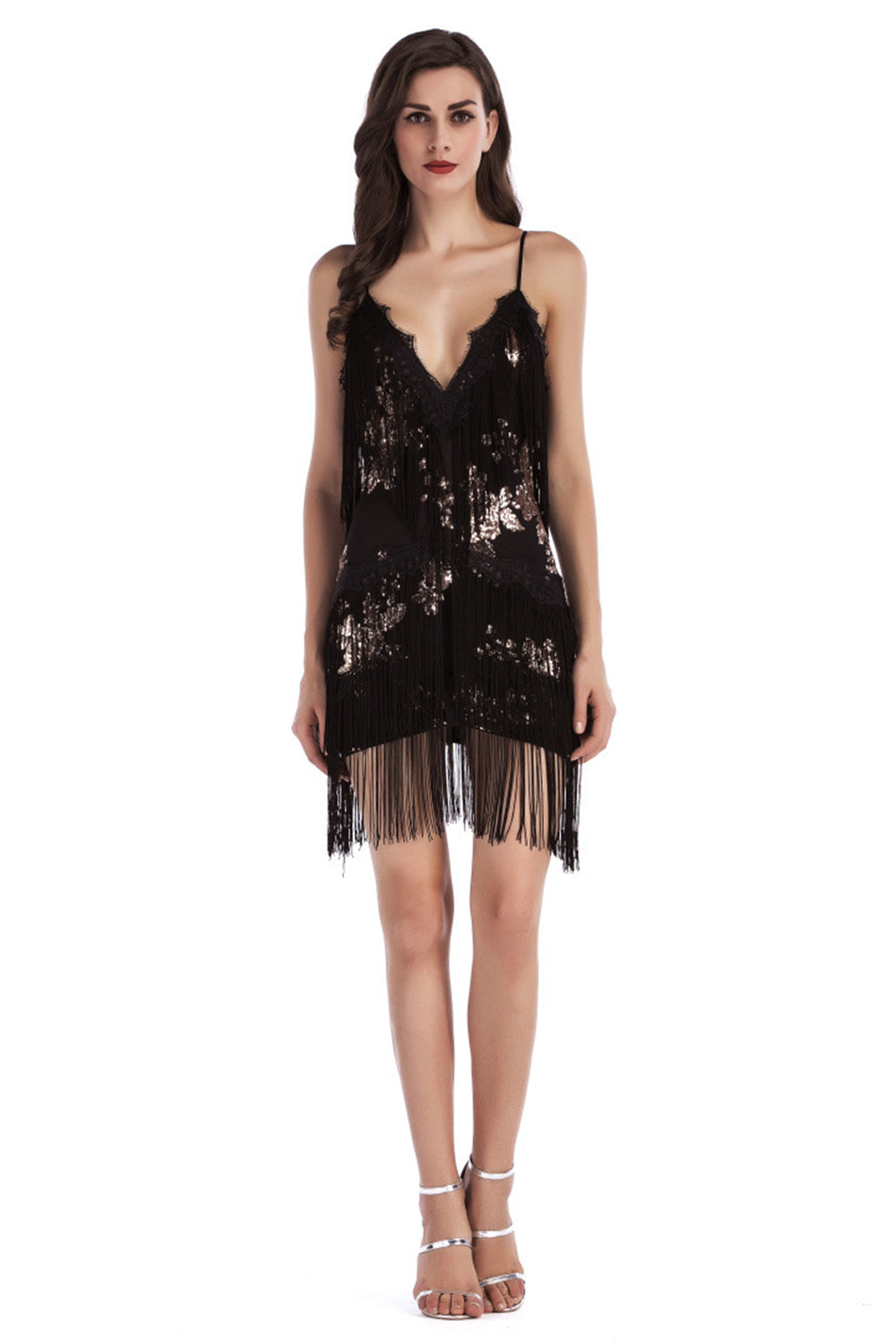 Sparkly Black V Neck Tiered Short Tight Homecoming Dress with Fringes
