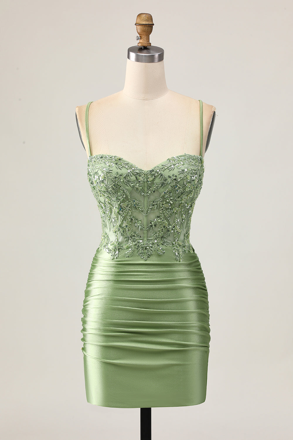 Leely Women Sparkly Sage Green Sequined Tight Short Corset Homecoming Dress with Appliques Satin Ruched Spaghetti Straps Lace Up Back Cocktail Dress