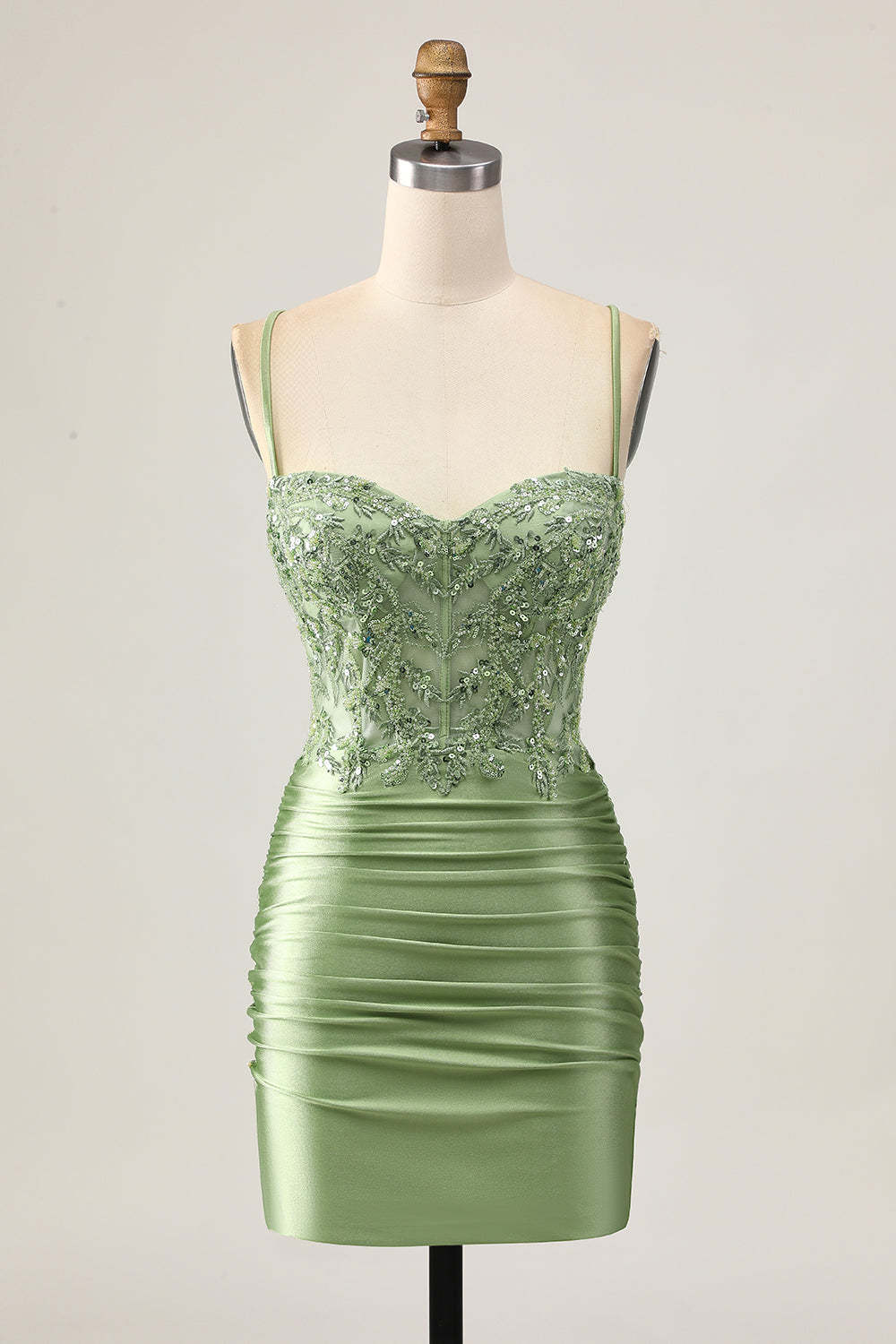 Leely Women Sparkly Sage Green Sequined Tight Short Corset Homecoming Dress with Appliques Satin Ruched Spaghetti Straps Lace Up Back Cocktail Dress