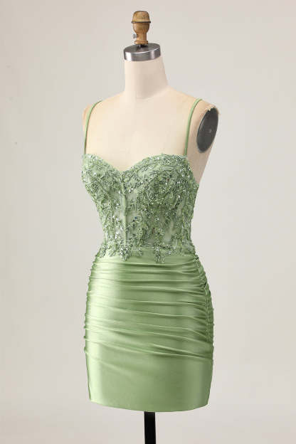 Sparkly Sequined Sage Green Tight Short Corset Homecoming Dress with Appliques