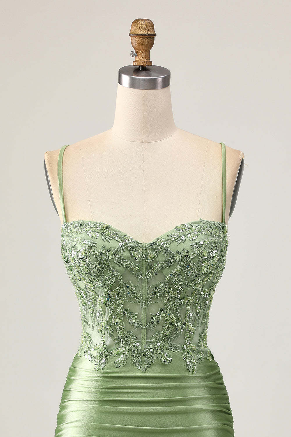 Sparkly Sequined Sage Green Tight Short Corset Homecoming Dress with Appliques