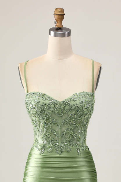 Sparkly Sequined Sage Green Tight Short Corset Homecoming Dress with Appliques