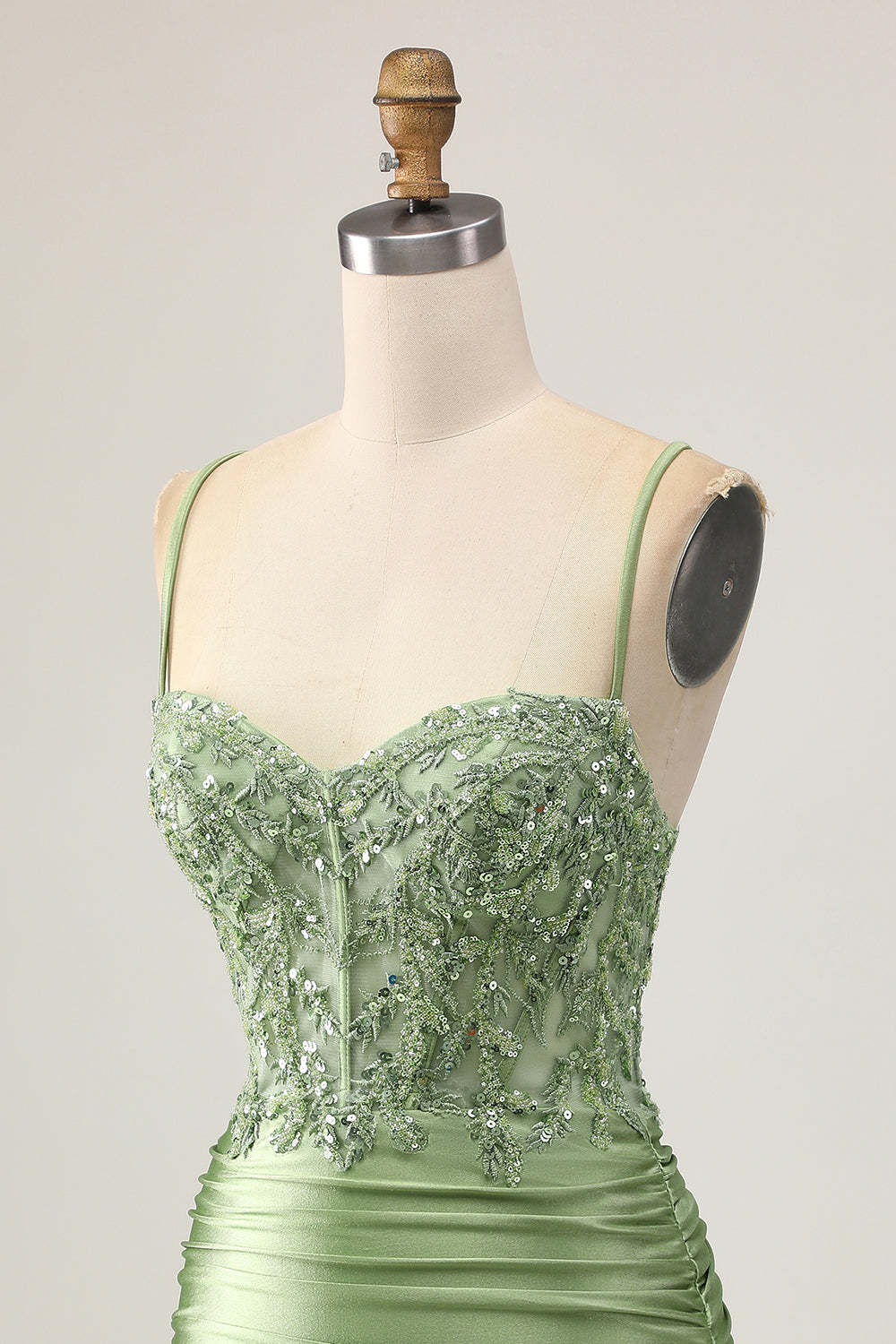 Sparkly Sequined Sage Green Tight Short Corset Homecoming Dress with Appliques