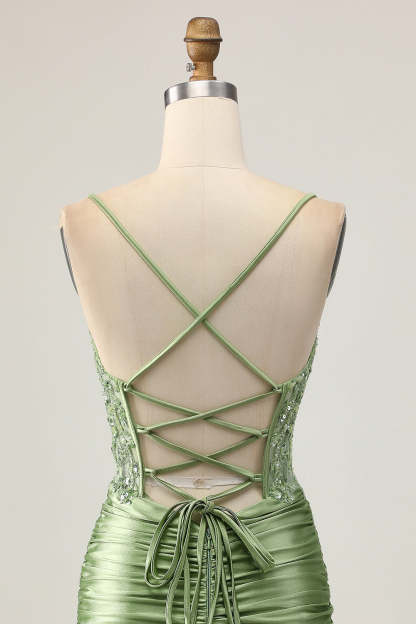 Sparkly Sequined Sage Green Tight Short Corset Homecoming Dress with Appliques