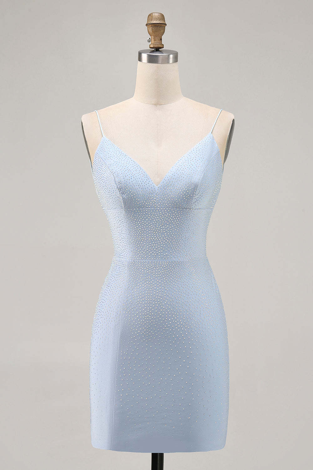 Leely Women Sparkly Blue Tight Short Homecoming Dress with Beading Spaghetti Straps Backless Cocktail Dress